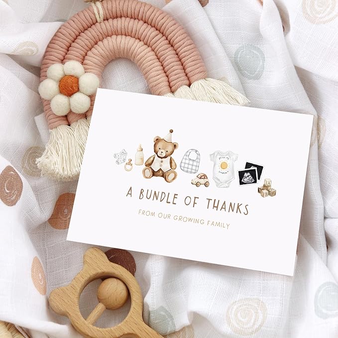Whaline 24 Pack Bear Baby Shower Thank You Cards A Bundle of Thanks From Our Growing Family Note Cards with Envelope Sticker Greeting Blank Card for Birthday