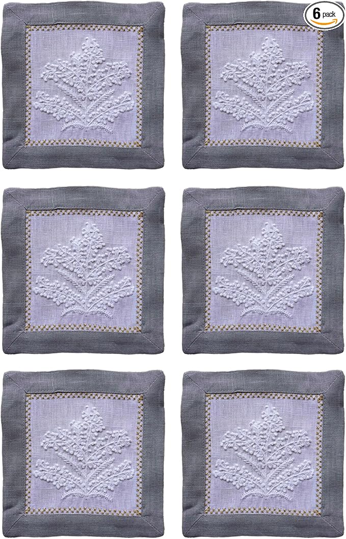 Cocktail Napkins Set of 6, 6x6 inch, 100% Linen, French Knot Hand Embroidered Floral Pattern, Reusable & Washable Napkin Coasters for Drinks, Parties, Weddings (Grey)