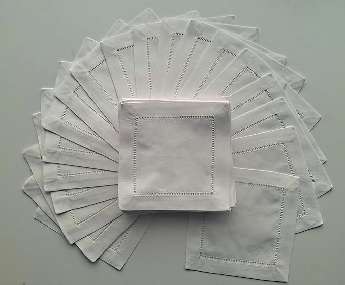 Cocktail Napkins Linen 6"X6" Set Of 50, Linen Blend Cocktail Napkin, Cloth Napkin Coasters Ladder Hemstitch Beverage Party, White Cocktail Napkins Beverage Party Napkin Super Value Bulk 50 Pack