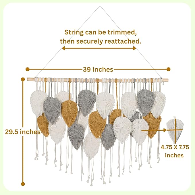 Large Macrame Wall Hanging Feather Decor – Handmade Cotton Cord Boho Room Decor for Bedroom, Nursery, Office – 39” W x 29.5” L (Silver, Gold, White)