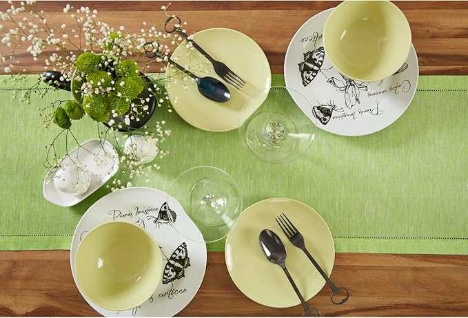 Solino Home Linen Table Runner 60 Inches - 100% Pure Linen Chambray Lime Green Hemstitch Table Runner 14 x 60 Inch Ideal for Dresser and Coffee Tables, Spring, St Patricks Day, Easter - Milan