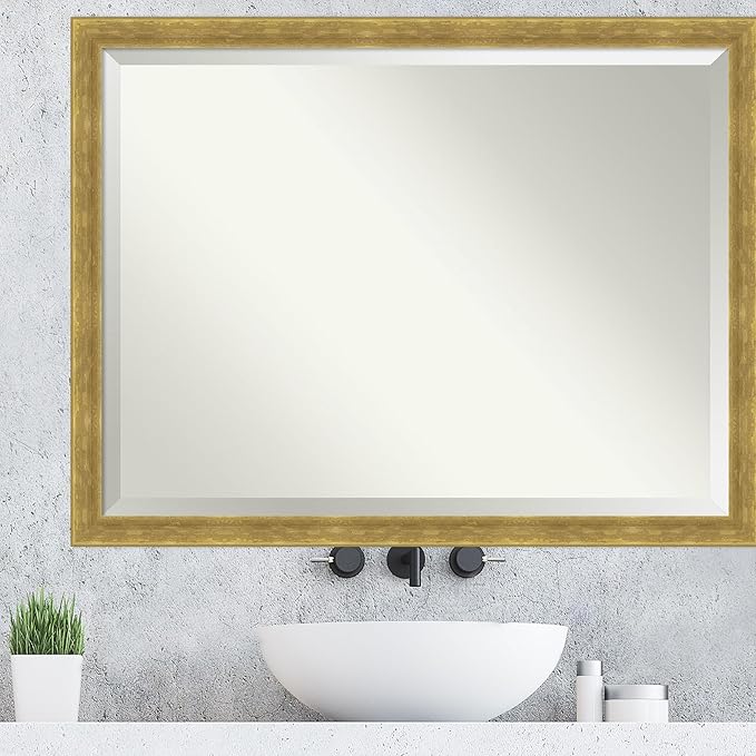 Amanti Art Gold Wall Mirror 33x43 Angled Gold Rectangle Bathroom Mirror for Wall Decor Living Room, X-Large Modern Wood Frame, Hangs Horizonally and Vertically, Bathroom Decor, Beveled Edge