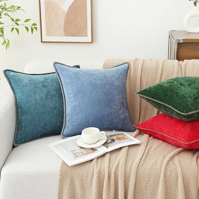 decorUhome Spring Chenille Soft Throw Pillow Covers 16x16 Set of 2, Farmhouse Velvet Neutral Decorative Pillow Covers with Stitched Edge for Couch Sofa Bed Home Decor, Teal