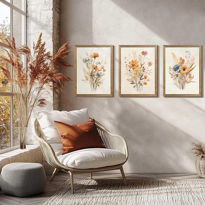 Framed Vintage Wildflower Canvas Wall Art Floral Set of 3 Country Farmhouse Watercolor Flowers Prints Rustic Wood Frame Botanical Artwork Poster for Bedroom Living Room Girls Room Decoration 12" x 16"