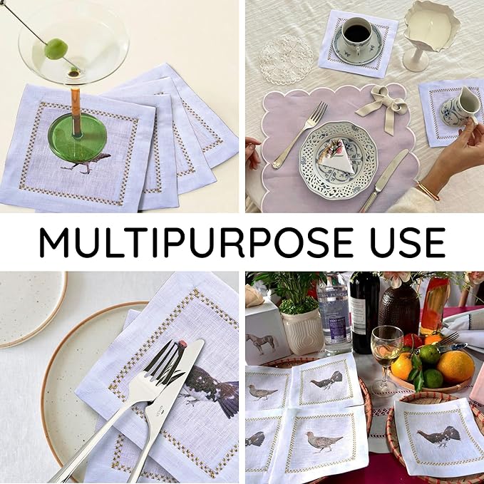Cocktail Napkins Set of 6, 6x6 inch, 100% Linen, Printed Animal Pattern, Reusable & Washable Cloth Coasters for Beverages, Hosting, Gifting & Everyday Use (Pheasant & Ptarmigan)