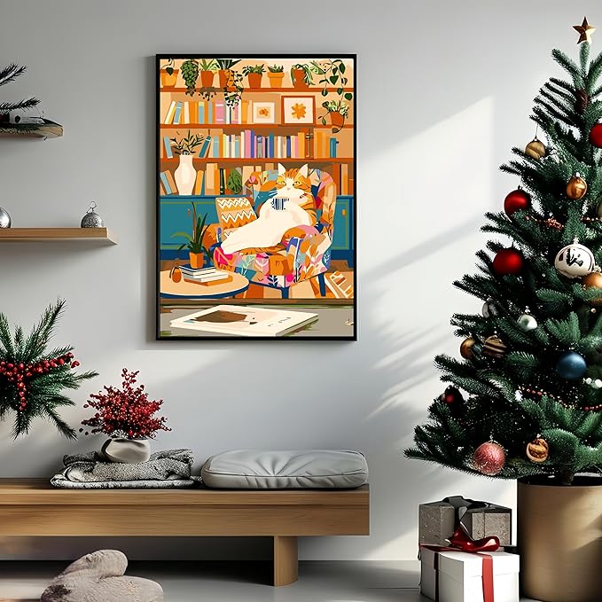 Painting by Numbers Kit for Adults Beginner,Charming Cat Bookshelf Color by Numbers for Adults,Adult Paint by Number Kits on Canvas,Paint by Numbers Easy Oil Painting for Home Wall Decor11.8X15.8 Inch