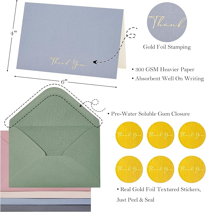 Crisky Morandi Thank You Cards with Envelopes & Stickers， 25 Pack Gold Foil Bridal Shower Graduation Thank You Cards Small Business, Wedding Baby Shower Birthday Funeral Notes Bulk