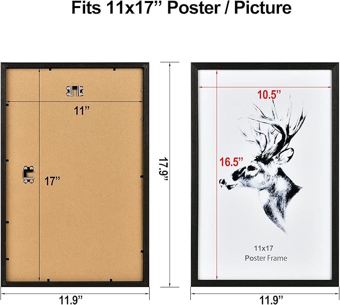 Yaetm Black 11x17 Picture Frames Set of 4, Solid Wood Poster Frame11x17, Wall Gallery 11 x 17 Black Wood Frames for Wall Mounting (4 pack, Black)