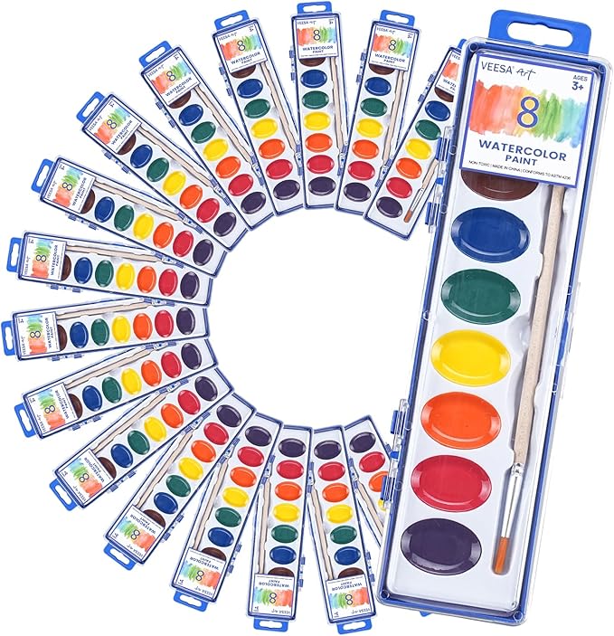 24 Pack Washable Watercolor for Kids, 8 Colors Non-Toxic Water Color Paint with Wood Brushes, Ideal for Classroom, Party Favors, Art Supplies, Christmas Gift