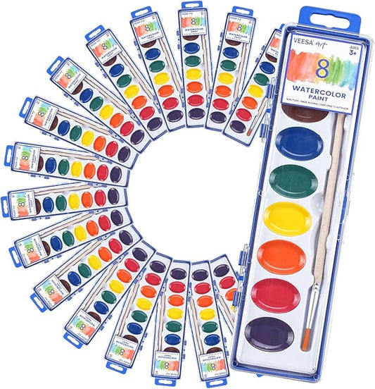 24 Pack Washable Watercolor for Kids, 8 Colors Non-Toxic Water Color Paint with Wood Brushes, Ideal for Classroom, Party Favors, Art Supplies, Christmas Gift