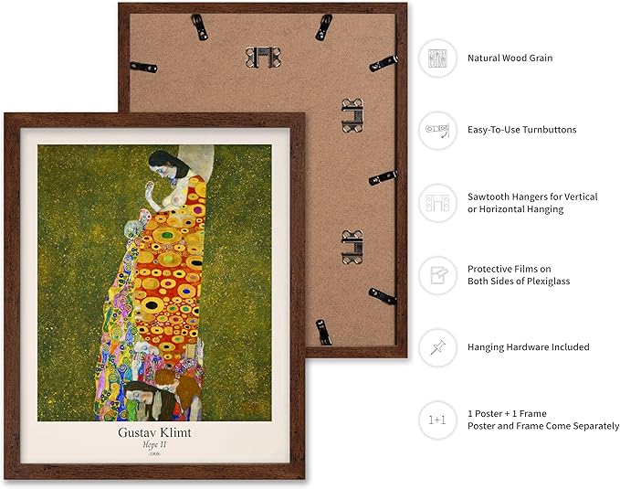 Poster Master Vintage Gustav Klimt Poster - Retro Hope II Print - Art Nouveau - Abstract Art - Symbolism Art - Aesthetic Art - Classic Painting - Colorful Living Room Decor - 16x20 Brown Framed