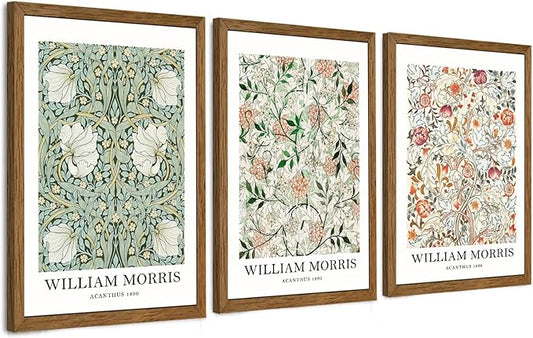 InspiredHues 3 Piece Framed Vintage Canvas Wall Art Botanical Floral Pattern Pictures Canvas Wall Decor Eternal William Morris Classic Artwork Prints for Living Room Bedroom Office 16x24 inch