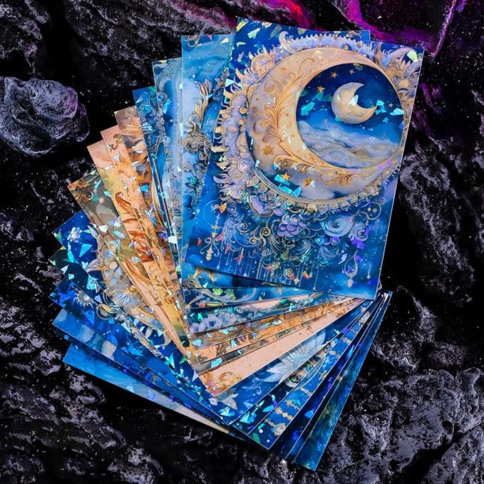 30 Sheets Holographic Fantasy Star Moon Scrapbook Paper - Self Adhesive Shiny Mysterious Starry Night Scrapbook Washi Stickers for Junk Journal Supplies,Planner,Album Craft Supplies