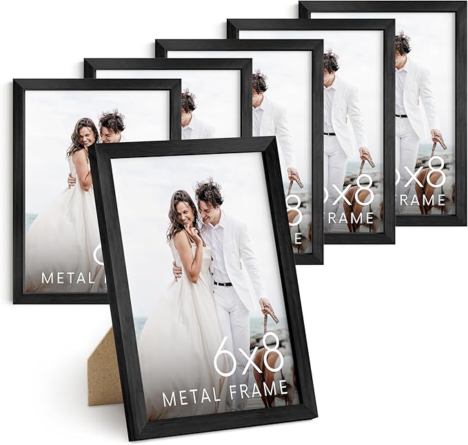 HAUS AND HUES 6x8 Black Metal Picture Frames - Features Premium Aluminum, Vertical Hanging & Easel Back, Shatterproof Plexiglass - Ideal for Home, Room, Office (6x8 in, Black, Set of 6)