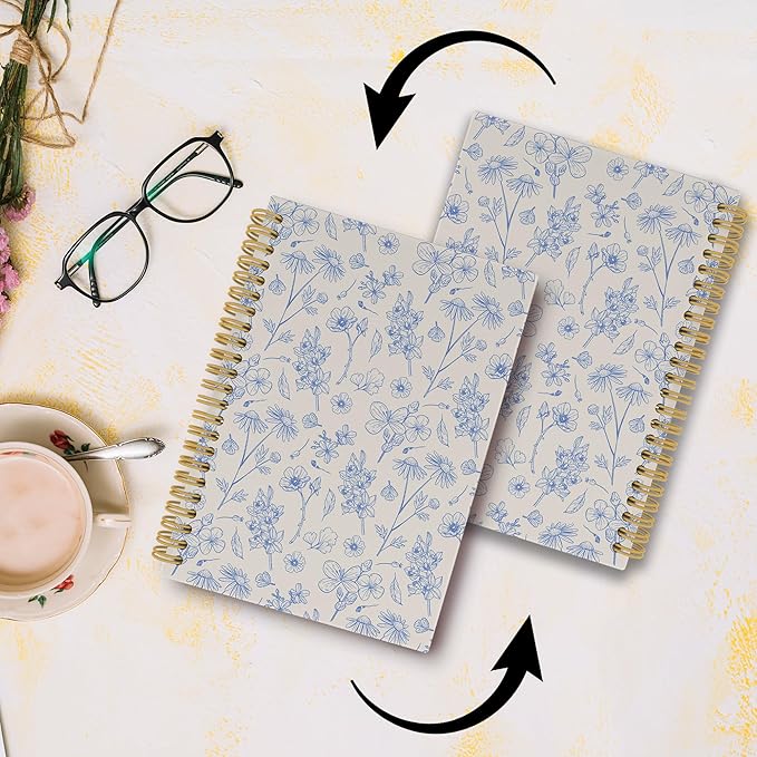 Pugwak Vintage Floral Journal Notebook - Aesthetic Botanical Beige Flower Notebooks College Ruled for Work School, Gifts for Women Coworker, Office Supplies, Hardcover Spiral Notebook 5.5"x8.3"