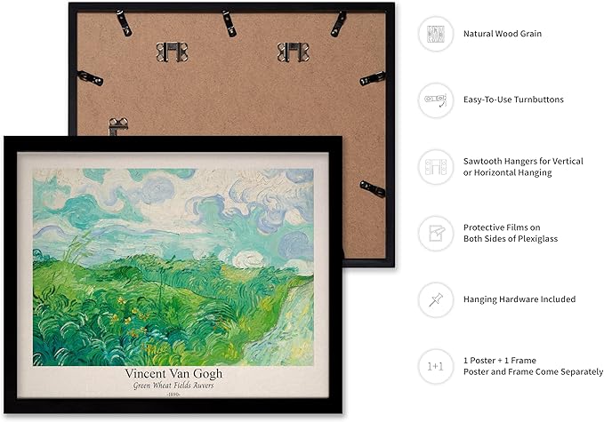 Monem Art Vintage Van Gogh Poster - Retro Green Wheat Fields Auvers Print - Impressionism Art - Fine Art - Landscape Art - Classic Painting Art - Great Living Room Decor - 16x20 Black Framed