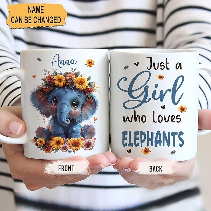Hyturtle Personalized Elephant Coffee Mug - Just A Girl Who Loves Elephants - Custom Name Cup for Animal Lover Women - Ceramic 11oz-15oz