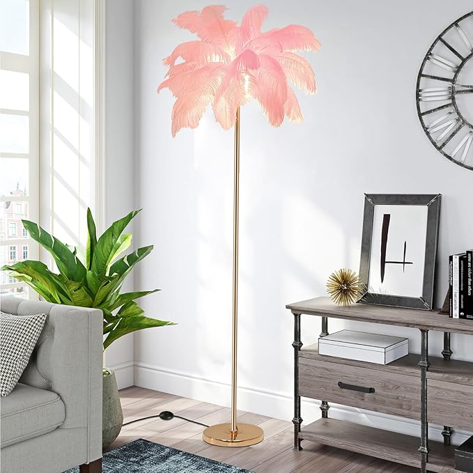 ZYLEIESENBAO Pink Feather Lamp Romantic Ostrich Feather Floor Lamp Nordic Fluffy Standing Light for Girl Bedside Creative Furry Floor Lamp for Sofa Living Room Corner in Bedroom Hotel Wedding