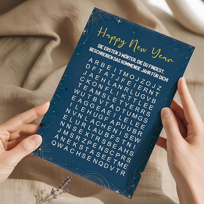 (5.3x8in) Happy New Year Word Search Card in German, Interactive Puzzle Greeting for Friends, Family, Coworkers, Fun Game Style Holiday Card, Unique New Year Activity Gift with Envelope (Xmas 40)