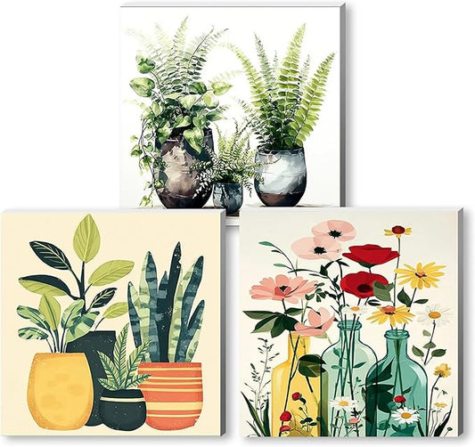 3 Pcs Wooden Framed Plant Paint by Number for Adults,DIY Potted Plants Painting Kits for Adult,Color by Numbers Acrylic,Paint by Number Canvas Crafts Watercolor for Beginner Home Decor(Green plants)