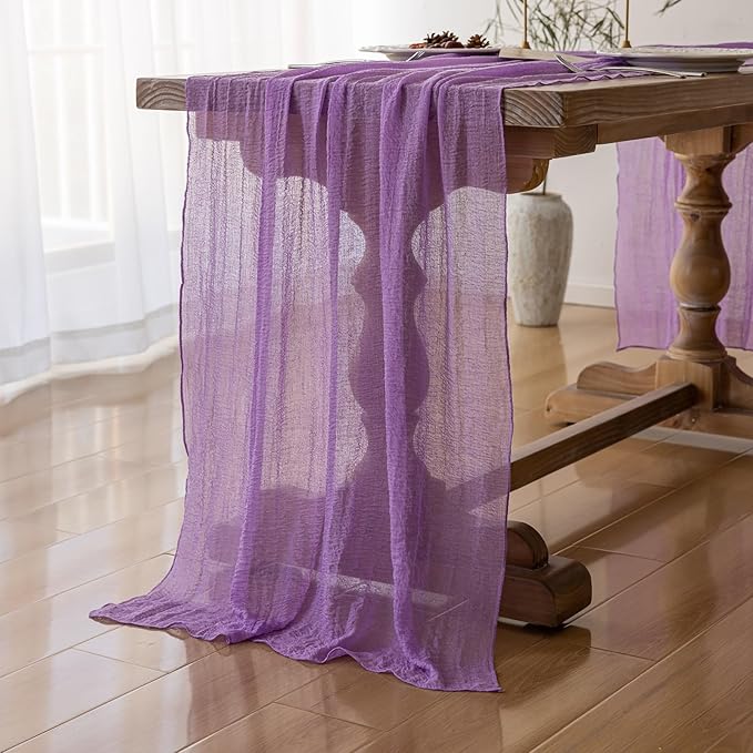 Keketoarrange Spring Table Runner Lavender Gauze Rustic Boho Lilac Cheesecloth Grape Table Runner 120 Inch 10 FT for Wedding Baby Bridal Shower Birthday Party Long Sheer Easter Home Decorations