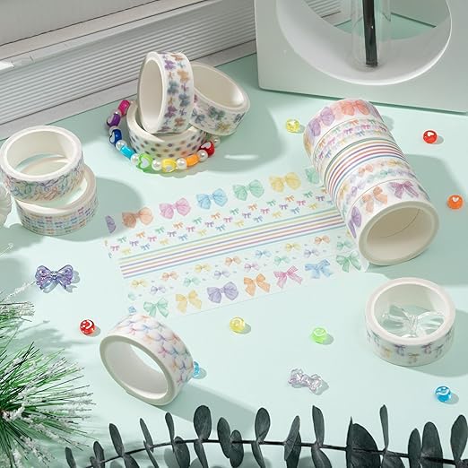 Watercolor Bow Washi Tape - 12 Rolls Pastel Preppy Aesthetic Decorative Acid Paper for Scrapbook, Journal Decor, Gift Wrapping, Photo Albums & DIY Crafts, Residue Free Easy Tear Adhesive