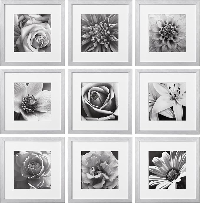 eletecpro 12x12 Picture Frames Set of 9 with Mat for 8x8 Photos or without Mat for 12x12, Square Gallery Wall Decor Collage for Picture Display, Silver Frame Set for Wall Hanging