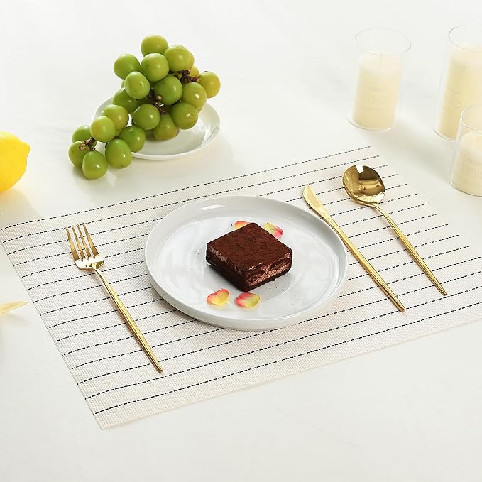 Leetaltree White with Black Stripes Placemats Set of 4 - Heat Resistant Non-Slip Place mats for Dining Table, Washable Durable PVC Vinyl Woven Table Mats（White Stripes, 4）