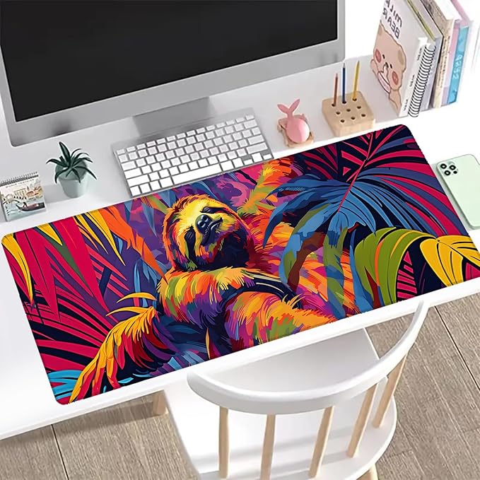 Colorful Sloth Gaming Mouse Pad, Office Desk Mat, Anti-Slip Rubber Base Cool Aesthetic Mouse Pads for Computer Laptop Keyboard School Home Desktop Gamer Home Accessories Decor 31.5" x 11.8"