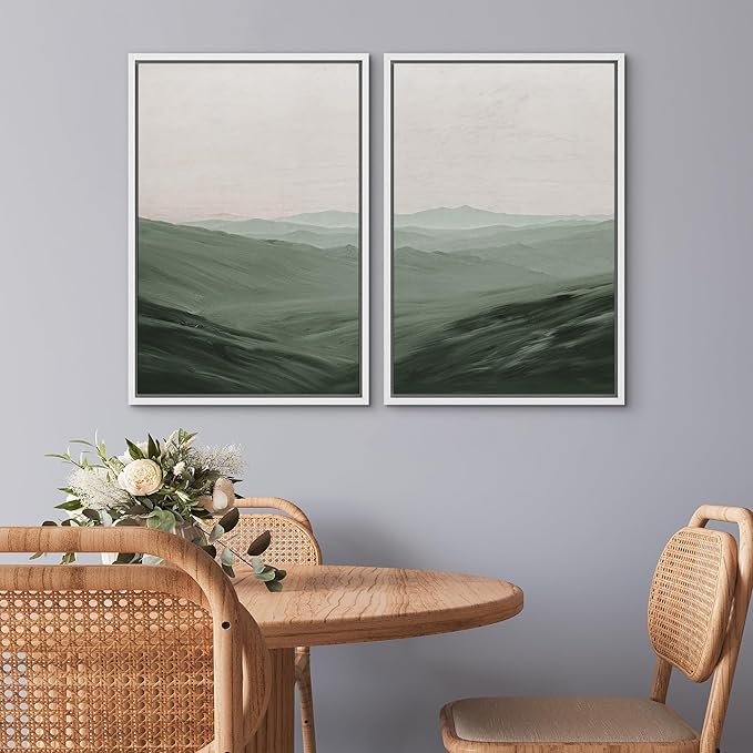 SIGNWIN Framed Canvas Print Wall Art Set Watercolor Green Mountain Valley View Nature Wilderness Illustrations Fine Art Farmhouse/Country Minimal for Living Room, Bedroom, Office - 16"x24"x2 White