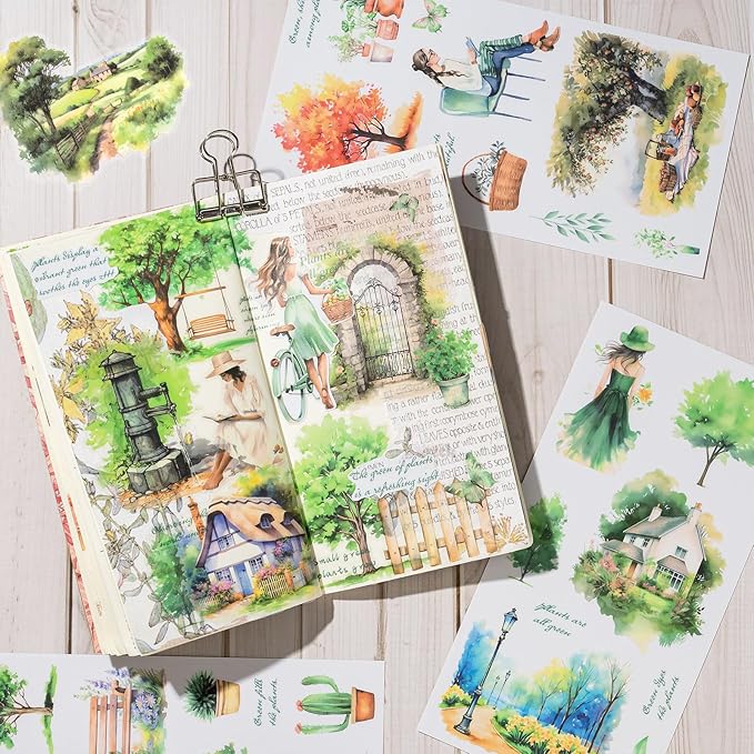 Scrapbook Sticker Book, 20 Sheets Journaling Stickers, Junk Journal Supplies, Pre-Cut Aesthetic PET Materials, Watercolor Scrapbooking Stickers for Adults, Decorative Ephemera DIY Arts Craft