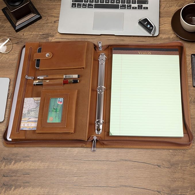 Professional Leather Business Padfolio Portfolio Case, 3 Ring Binder,Zippered Business Document Organizer Tablet Holder Folder Case,with Letter Size Notepad (Brown Upgraded Version)