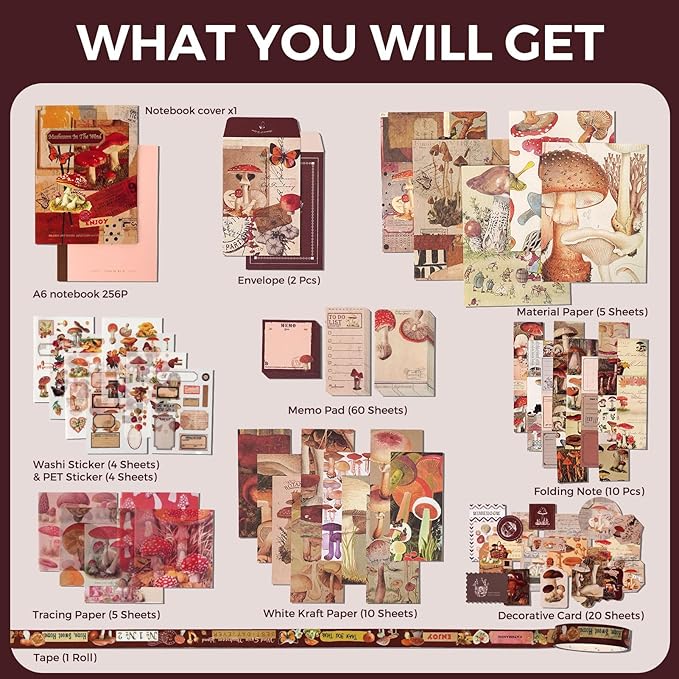 Funto Scrapbooking Kit(123 PCS), Warm Mail Series-Mushroom in The Wind, Perfect for Bullet Scrapbooking Materials, Planner DIY Arts Craft Collage