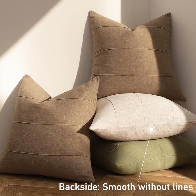 ZWJD Decorative Linen Throw Pillow Covers 22x22 Set of Solid Handcrafted Striped Cushion Covers for Bed Soft Modern Farmhouse Neutral Pillowcase for Couch Bedroom Living Room Home Decor(Coco Brown)