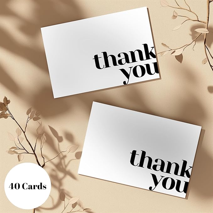 Paper Play Thank You Cards Bulk Pack of 40 White, 5x3.5 Inches with Matching Stickers & Envelopes, Minimalistic Design Suitable for Business, Baby Shower, Wedding, Small Business, Graduation, Funeral