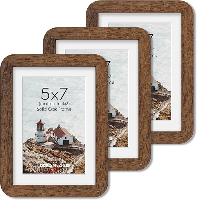 Dreamland 5x7 Picture Frame Set of 3, Solid Oak Wood Photo Frame with Mat for 4x6, Round Corner 5 x 7 Matted Picture Frames with Resistant Plexiglass for Wall Mounting or Tabletop, Walnut Color