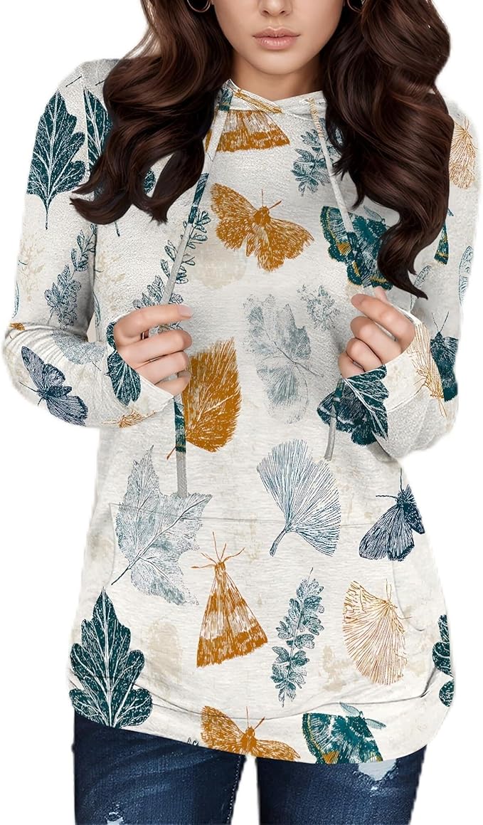 Hooded Sweatshirt Women Fall Butterfly Sweatshirts Lightweight Long Sleeve Pullover Tops Trendy Outfits Plus Size