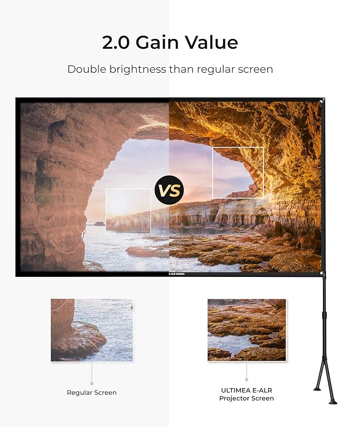 ULTIMEA E-ALR Projector Screen with Stand, 80% ALR Projector Screen 2.0 Gain Value for Outdoor Daytime & Home Theater, 120 inch Portable Silver Screen, 4K Full HD Movie Screen, Photon 120