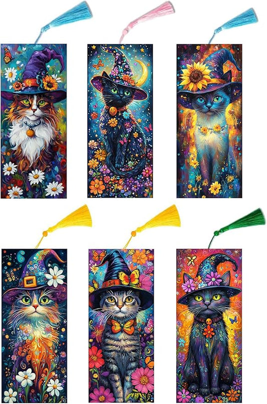 Puraikcmi 6 PCS 5D DIY Diamond Art Bookmarks Kit Cats Diamond Paintings Bookmarks Kits with Tassels Acrylic, Rhinestone Crafts Decoration Gift Set for Book Lovers Beginners & Adults