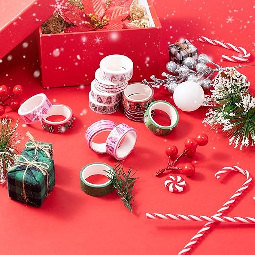 Christmas Tree Washi Tape - Sweet Dessert Theme with Gingerbread Brown Icing Red Festive Green Designs, Acid Free Residue Free Adhesive for Gift Wrapping, Scrapbook, Journal Decor, DIY Crafts