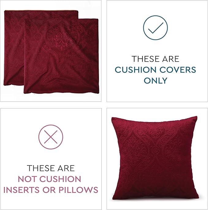 Encasa Luxury Embossed Velvet Cushion Covers - Plush Throw Pillow Covers for Elegant Living Rooms & Bedrooms, Machine Washable, 18x18 Maroon | Set of 2 | Covers Only No Insert.