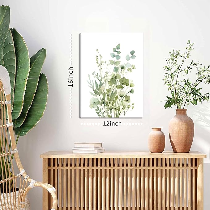 Boho Floral Canvas Wall Art Set of 3, Sage Green Wildflower Botanical Wall Decor Painting, Minimalist Watercolor Flowers Posters Prints for Bedroom Bathroom Living Room 12x16 In Framed