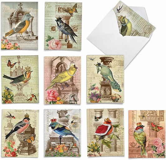 The Best Card Company - 10 Bird Note Cards Blank (4 x 5.12 Inch) - All Occasion Cards with Envelopes, Boxed Set - Royal Birds M2343OCB