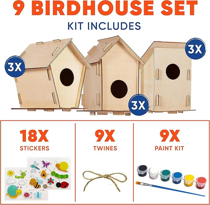 9 DIY Bird House Kits For Children to Build - Wood Birdhouse For Kids to Paint - Unfinished Bird Houses for Kids - Wood Craft Project Kits - Summer Crafts for Girls & Boys, Classroom & Church Activity