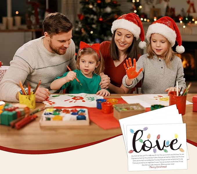 Christmas Light Fingerprint Art Craft Kit for Family Activities, 10 Pcs Christmas Crafts Bulk DIY Handprint Card Making, Funny Finger Paint Keepsake Gift for Mom Dad Grandma Grandpa