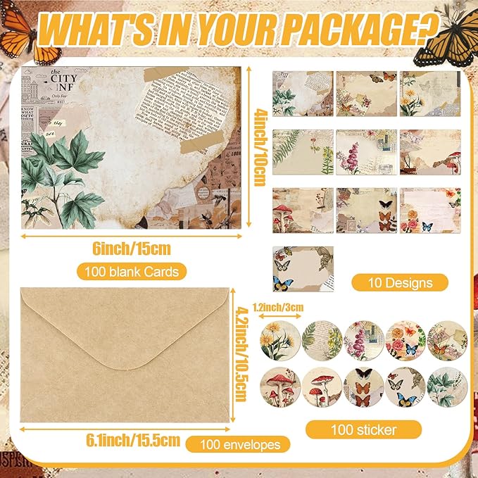 100 Pcs Nature Vintage Design Blank Greeting Cards 4x6, Rustic Butterfly Blank Cards, 10 Designs, Great Stationary Set for All Occasions with Matching Rustic Envelopes and Stickers
