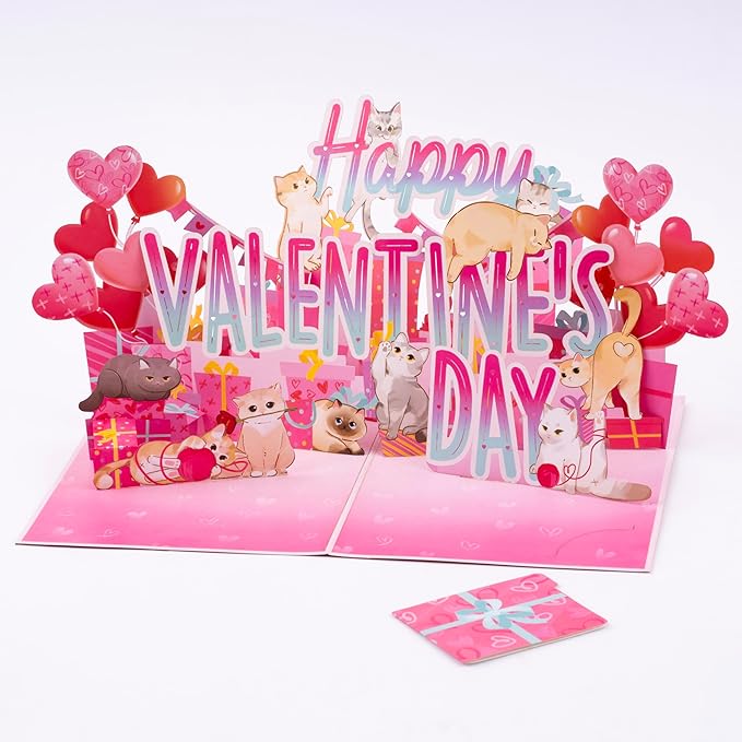 Happy Valentines Day Cats Pop Up Card, Hearts, Presents, Valentine's Day, Love 3D Popup Greeting Cards, Lovely Gifts for Wife, Husband, Lovers, Kids, 5x7 - Includes Envelope And Message Note