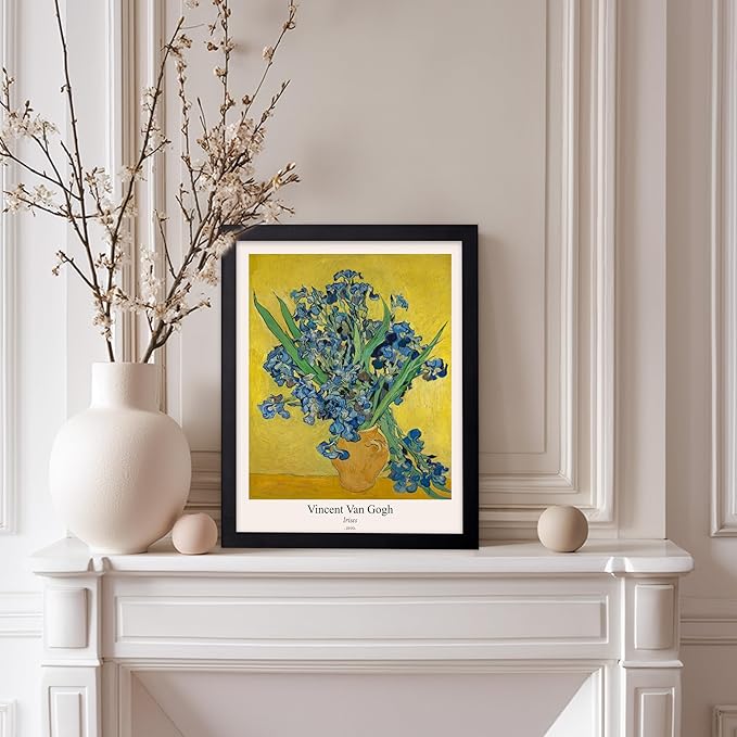 Monem Art Vintage Van Gogh Poster - Retro Irises Print - Flowers in Vase Art - Impressionism Art - Floral Art - Fine Art - Classic Painting Art - Living Room Wall Decor - 11x14 Black Framed