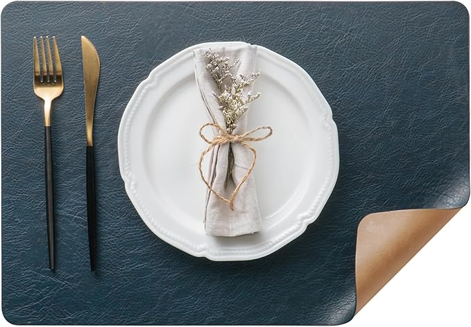 DOLOPL Placemats Set of 4 Reversible Dual-Color Table Placemats– Heat Resistant Wipeable & Washable Place Mats, Luxury Faux Leather Table Mats for Vintage Dining Table Decor (Camel & Navy Blue)