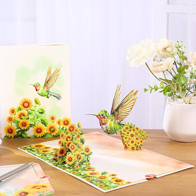 Pop Up Birthday Card, 3D Hummingbird Sunflower Mother's Day for Women, Mom, Wife, Daughter, Her, Sister, Girlfriend, Grandma, Ideal Gift for Valentines, Thank You, Anniversary, Get Well,Just Because